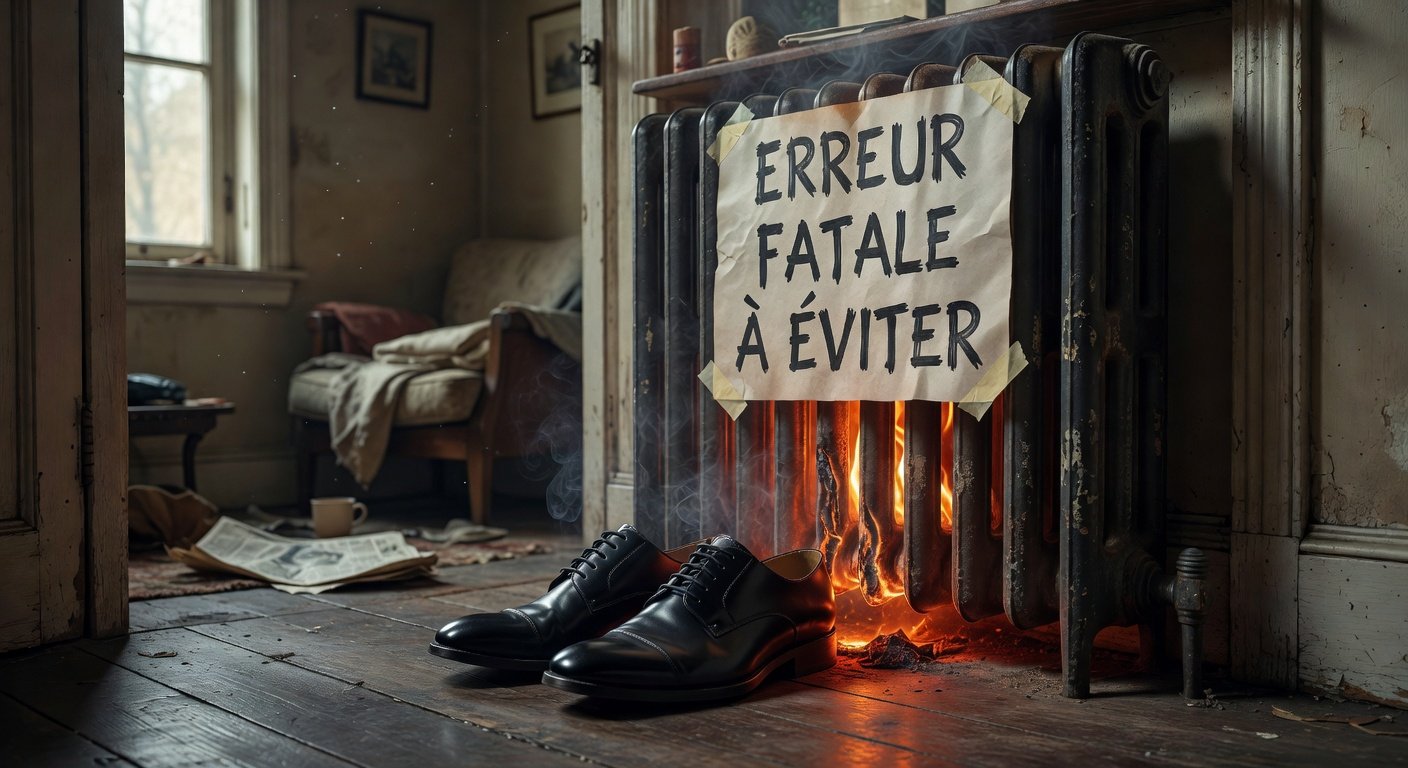 Chaussures en cuir noir posées près d'un radiateur — erreur fatale à éviter